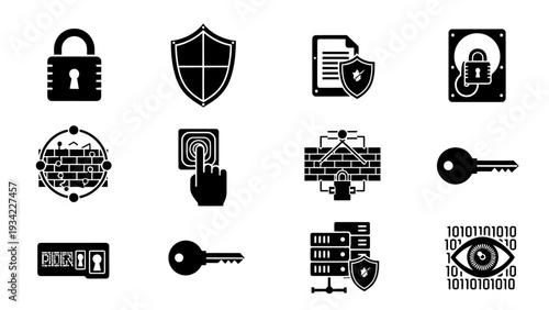 Solid Glyph Icons Cybersecurity Data Protection and Digital Safety Concepts EPS10 Stock.eps