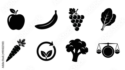 Minimalist Black Silhouette Healthy Food and Nutrition Vector Icons Set EPS10 Stock.eps