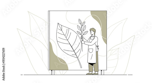 Artist Creating Botanical Illustration on Canvas with Abstract Leaf Shapes Background