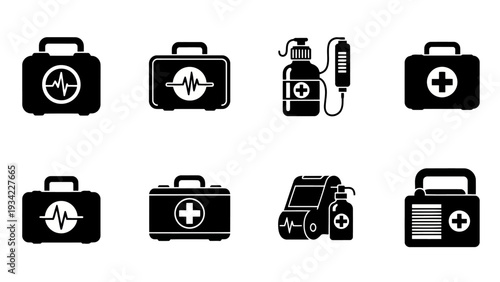 Medical Emergency and First Aid Kit Icons Solid Black Vector Illustration Set EPS10 Stock.eps