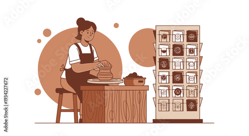 Artisan Woman Working with Clay on Pottery Wheel, Display Rack with Products