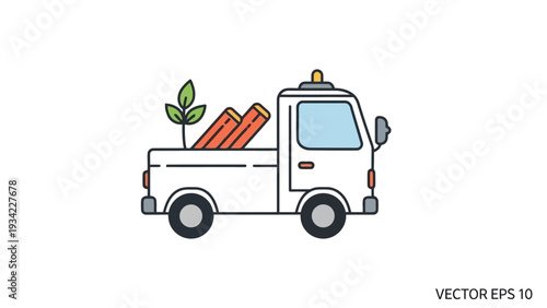 Flat vector icon of a pickup truck transporting a plant and construction logs EPS10 Stock.eps
