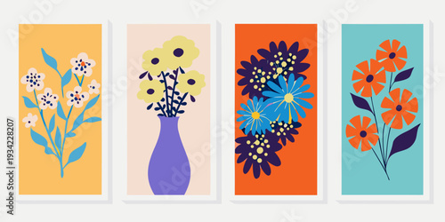 Four botanical prints featuring stylized wildflowers in vases arranged vertically