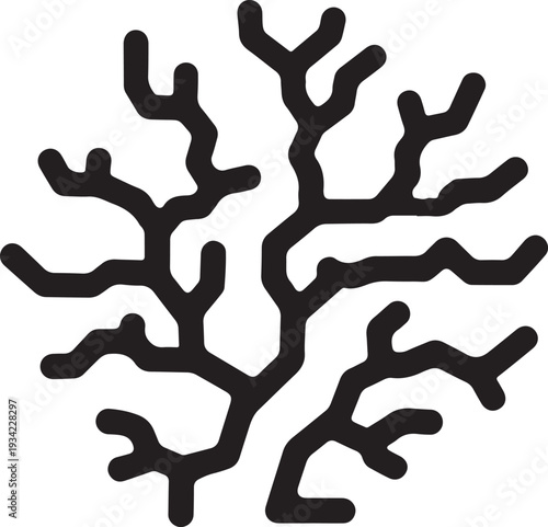 Abstract black and white illustration of a branching coral structure resembling a tree or neuron network. Vector