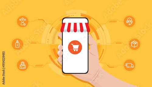 Online shopping app interface on smartphone screen with marketplace icons, delivery, customer service and digital payment system, flat vector illustration.
