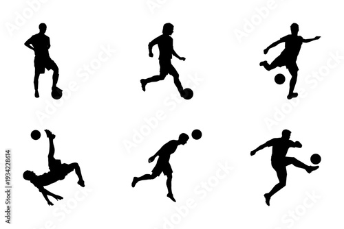 Soccer player silhouette vector set for logo, jersey print and tournament branding. Action poses including dribble, kick and bicycle kick isolated on white background