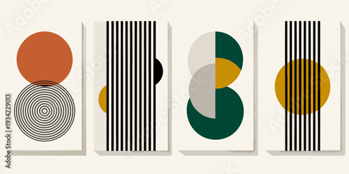 Abstract geometric art prints featuring circles lines and bold shapes
