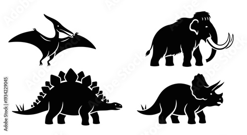 Prehistoric Animal Silhouettes: Dinosaur and Mammoth Vector Icons