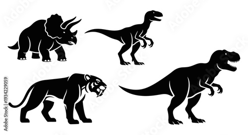 Prehistoric Animal Silhouettes: Dinosaurs and Saber-toothed Tiger Vector Set