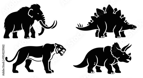 Prehistoric Animal Silhouettes: Mammoth, Stegosaurus, Saber-toothed Tiger, Triceratops Icons