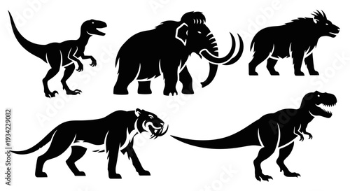 Prehistoric Animal Silhouettes: Dinosaurs, Mammoth, Saber-toothed Tiger Vector Set