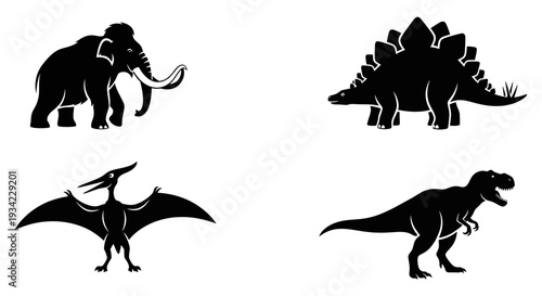 Prehistoric Animals Silhouettes: Mammoth, Stegosaurus, Pterodactyl, T-Rex Icons