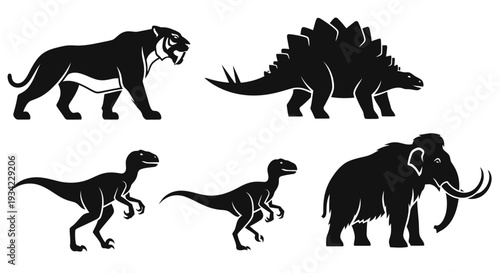 Prehistoric Animals Silhouettes: Dinosaurs, Woolly Mammoth, and Saber-Toothed Tiger Vector Set