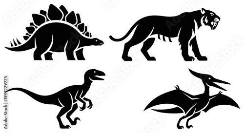 Prehistoric Animals Silhouettes Set: Dinosaur, Saber-toothed Tiger, Pterodactyl, Velociraptor Icons
