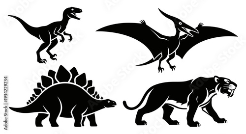 Prehistoric Animals Silhouettes Set: Dinosaur, Pterodactyl, Stegosaurus, and Saber-Toothed Tiger Icons