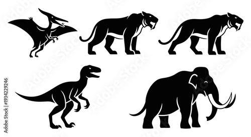 Prehistoric Animals Silhouettes Set: Dinosaurs and Ice Age Mammals Collection