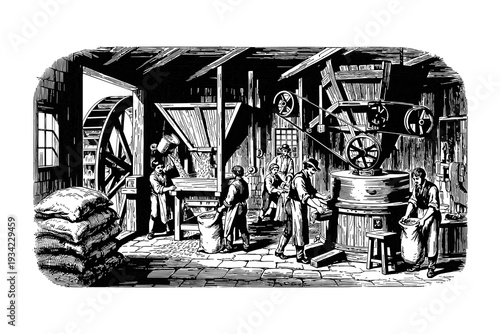 Vintage industrial mill scene: workers operating machinery in historical setting