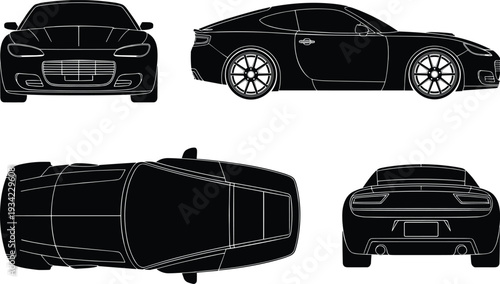 Modern sports car silhouette vector illustration set with front side rear and top views isolated
