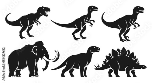 Prehistoric Animals Silhouettes Set: Dinosaurs and Woolly Mammoth Icons