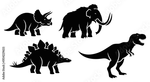 Prehistoric Animals Silhouettes Set: Dinosaurs and Woolly Mammoth Icons