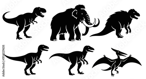 Prehistoric Animals Silhouettes Set: Dinosaurs and Woolly Mammoth Icons