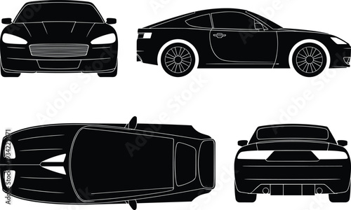 Modern sports car silhouette vector set with front side rear and top views isolated