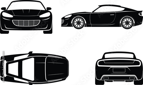 Modern sports coupe car silhouette vector set with front side rear and top views