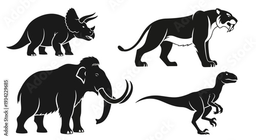 Prehistoric Animals Silhouettes Set: Dinosaurs, Mammoth, and Saber-toothed Tiger