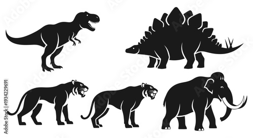 Prehistoric Animals Silhouettes Set: Dinosaurs, Mammoth, and Saber-toothed Tigers