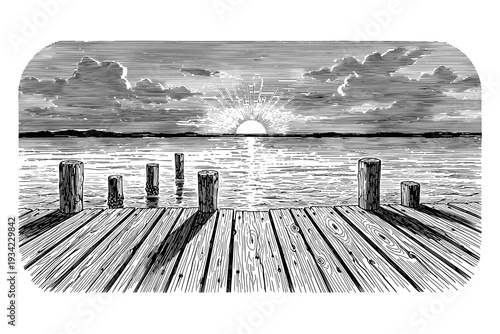 Vintage wood pier at sunset with dramatic clouds and ripples