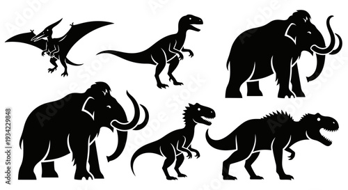 Silhouettes of Prehistoric Animals - Dinosaurs and Mammoths Vector Set