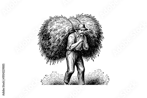 Farmer carrying hay bundle engraving style artwork