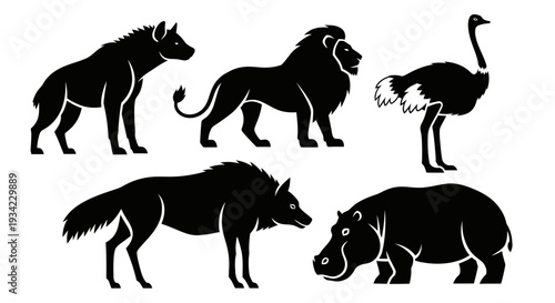 Wild African Animals Silhouettes Set: Lion, Hyena, Ostrich, Wolf, Hippo Vector Icons