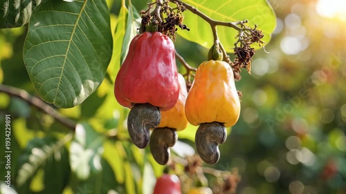 Close up of cashew fruits hanging on a tree branch with sunlight