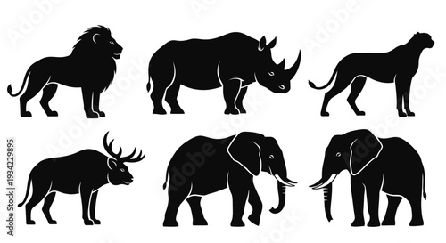 Wild Animal Silhouettes Set: Lion, Rhinoceros, Cheetah, Elk, Elephants. Wildlife Icons.