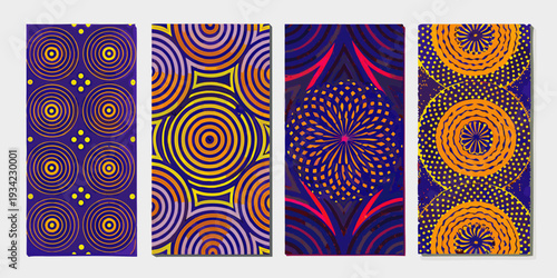 Four colorful panels showcasing vibrant repeating circular and spiral patterns