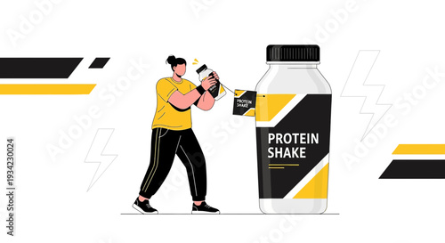 Woman Adding Protein Shake Powder to Large Bottle - Fitness and Health Concept