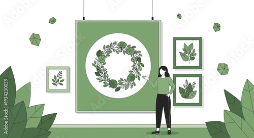 Woman Admiring Botanical Art Gallery Display with Leafy Wreath and Frames