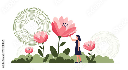 Woman Admiring Giant Blooming Flowers in Abstract Garden