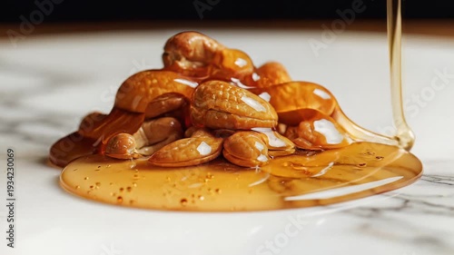 Close up of cashew nuts being drizzled with syrup on a marble surface