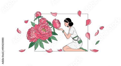 Woman Admiring Peonies in Vintage Style Illustration
