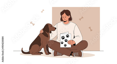 Woman and Dog Holding Paw Print Card, Pet Love, Friendship, Illustration