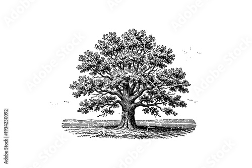 Detailed vintage engraving of a majestic oak tree in classic black and white style