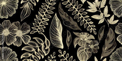 Elegant floral pattern with sketched leaves and blossoms on black background