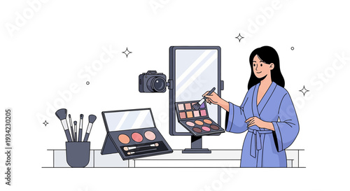 Woman applying makeup in front of mirror with camera, beauty vlogger setup