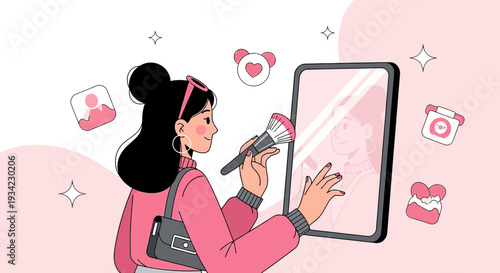 Woman Applying Makeup in Mirror Reflection, Beauty and Skincare Concept