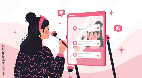 Woman applying makeup in mirror, social media likes and hearts, beauty and self-care