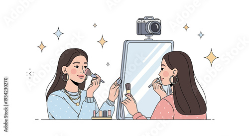 Woman Applying Makeup Reflecting in Mirror with Camera