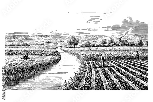 Vintage farming scene with farmers working in fields and countryside landscape