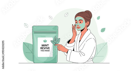 Woman Applying Mint Face Mask, Skincare Routine, Beauty Treatment, Spa Day Concept